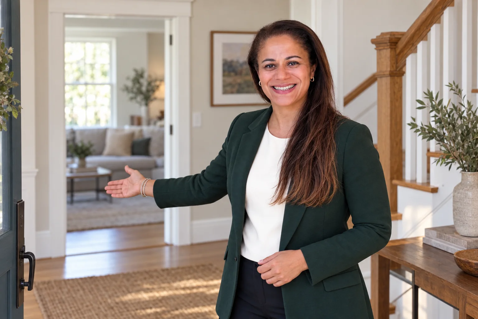 AI-generated editorial portrait of Rita Silva Martins welcoming visitors in a New England home, based on her professional reference photo.